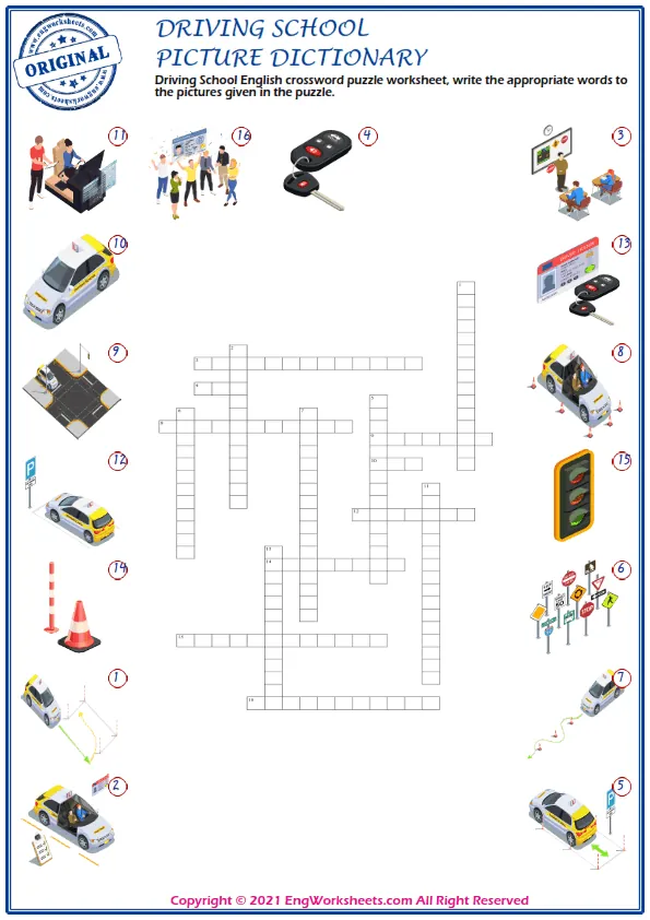 Driving School English crossword puzzle worksheet, write the appropriate words to the pictures given in the puzzle. Worksheet Preview