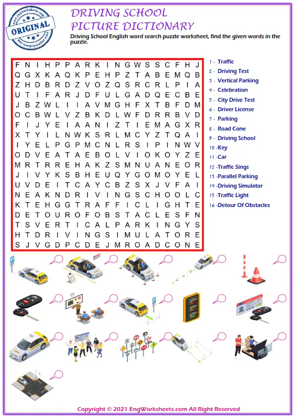 Driving School English word search puzzle worksheet, find the given words in the puzzle. Worksheet Preview