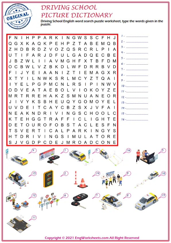 Driving School English word search puzzle worksheet, type the words given in the puzzle. Worksheet Preview