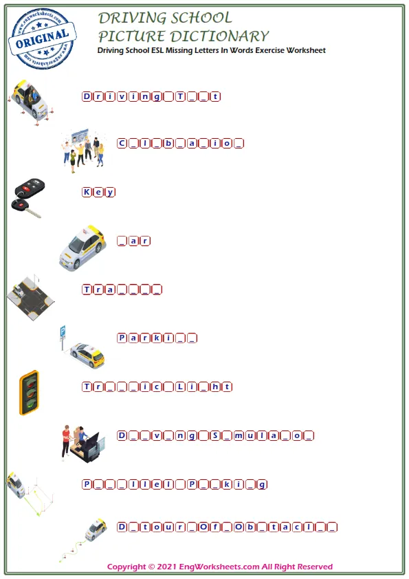 Driving School ESL Missing Letters In Words Exercise Worksheet Worksheet Preview
