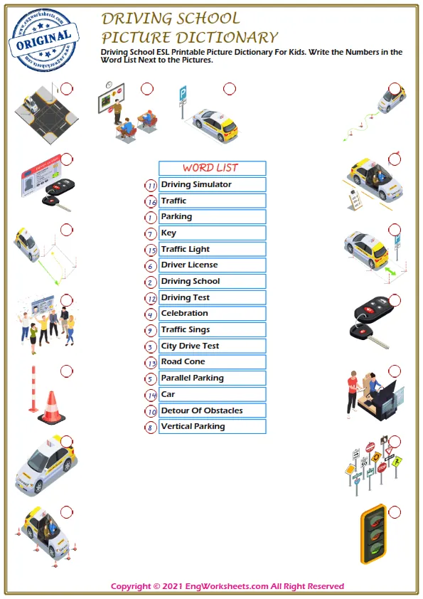 Driving School ESL Printable Picture Dictionary For Kids. Write the Numbers in the Word List Next to the Pictures. Worksheet Preview