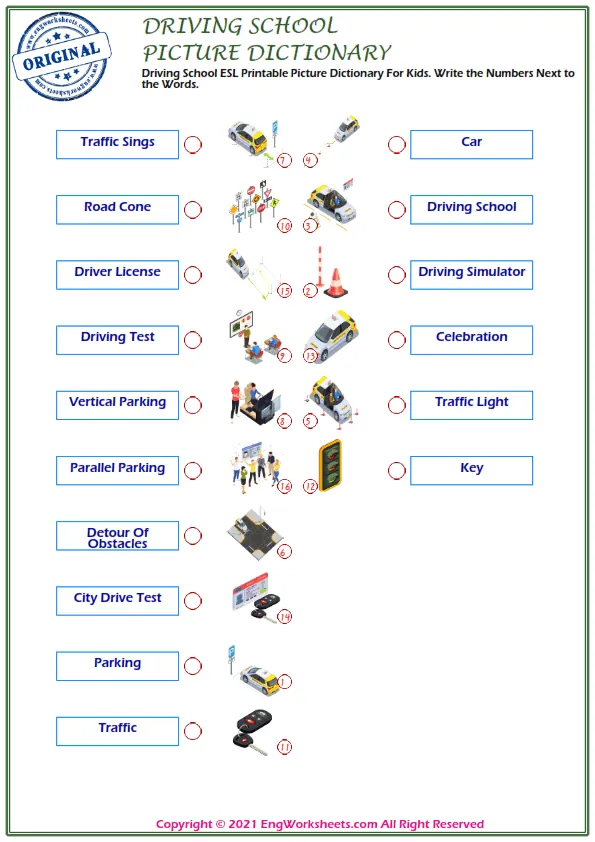Driving School ESL Printable Picture Dictionary For Kids. Write the Numbers Next to the Words. Worksheet Preview