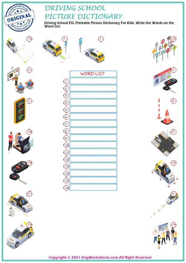 Driving School ESL Printable Picture Dictionary For Kids. Write the Words on the Word List.