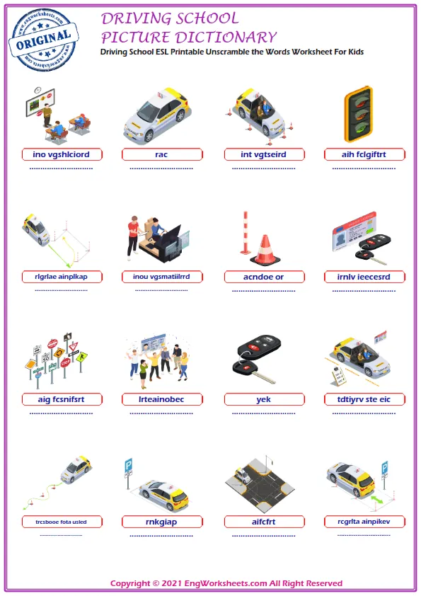 Driving School ESL Printable Unscramble the Words Worksheet For Kids