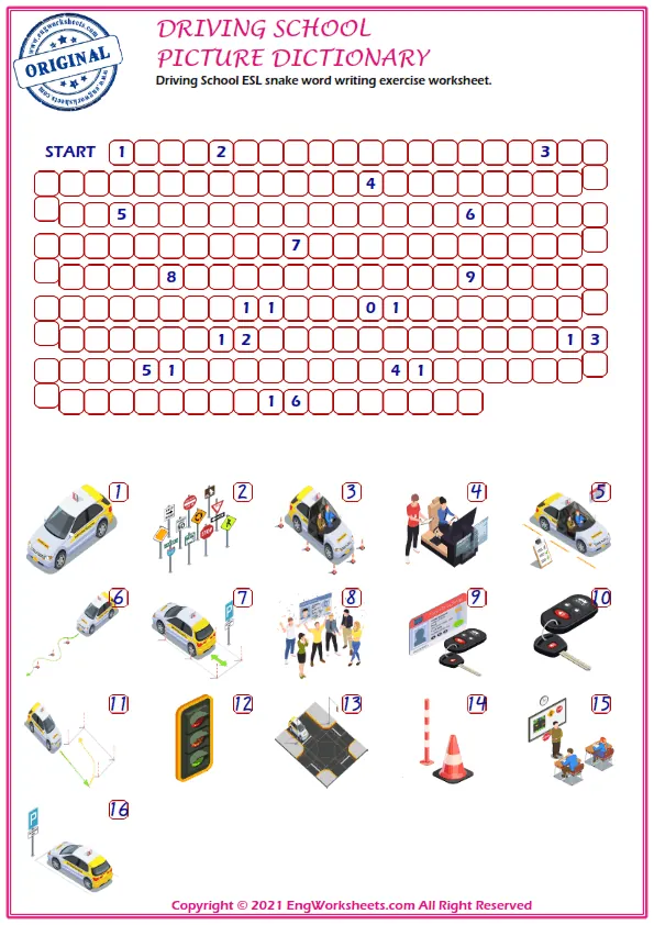 Driving School ESL snake word writing exercise worksheet. Worksheet Preview