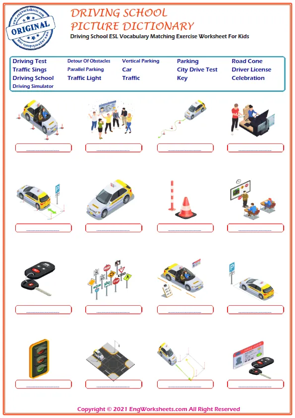 Driving School ESL Vocabulary Matching Exercise Worksheet For Kids Worksheet Preview