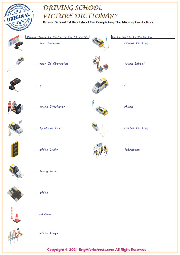 Driving School Esl Worksheet For Completing The Missing Two Letters. Worksheet Preview