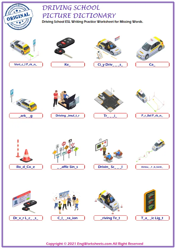 Driving School ESL Writing Practice Worksheet for Missing Words. Worksheet Preview