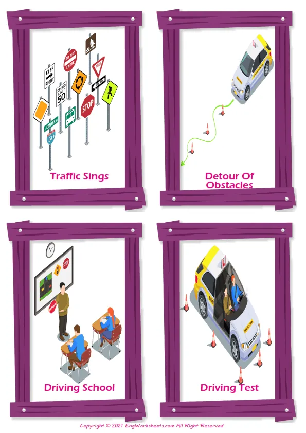 Driving School vocabulary worksheet with words, four images per page Worksheet Preview