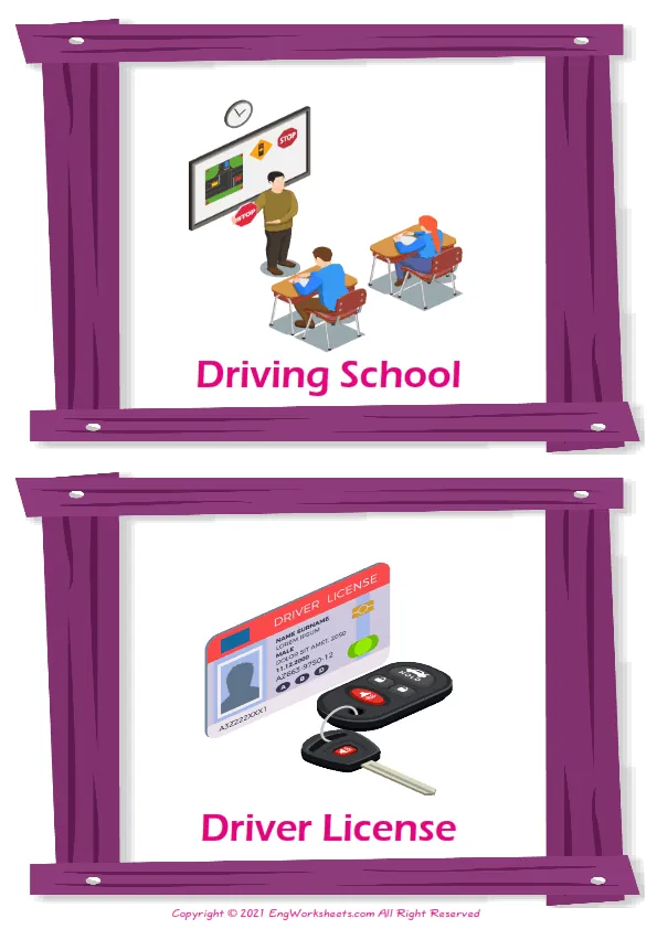 Driving School vocabulary worksheet with words, two images per page Worksheet Preview