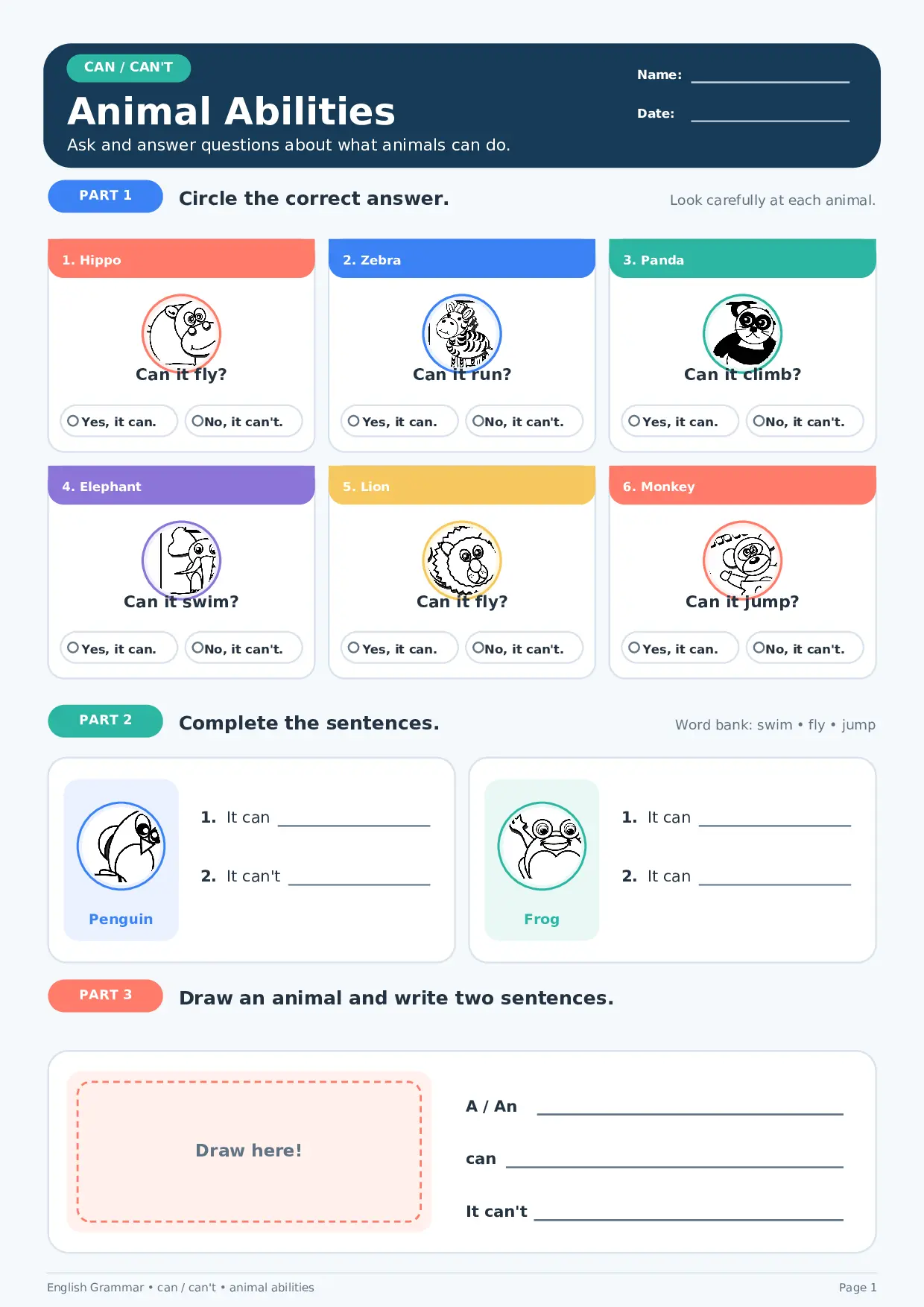 Animal Abilities: Can It Swim, Fly, Run, Jump or Climb? Worksheet Preview