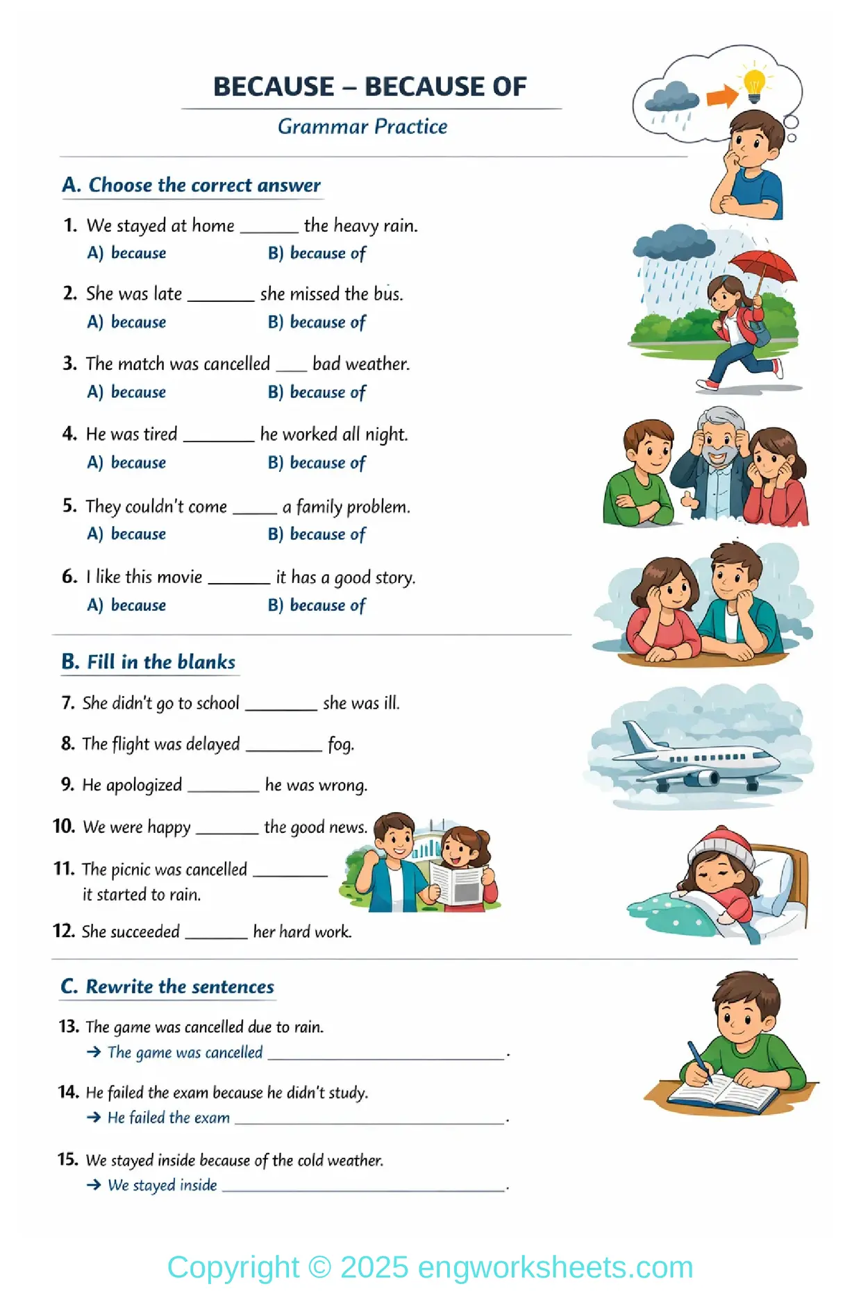 Because vs Because Of Grammar Worksheet for ESL Students