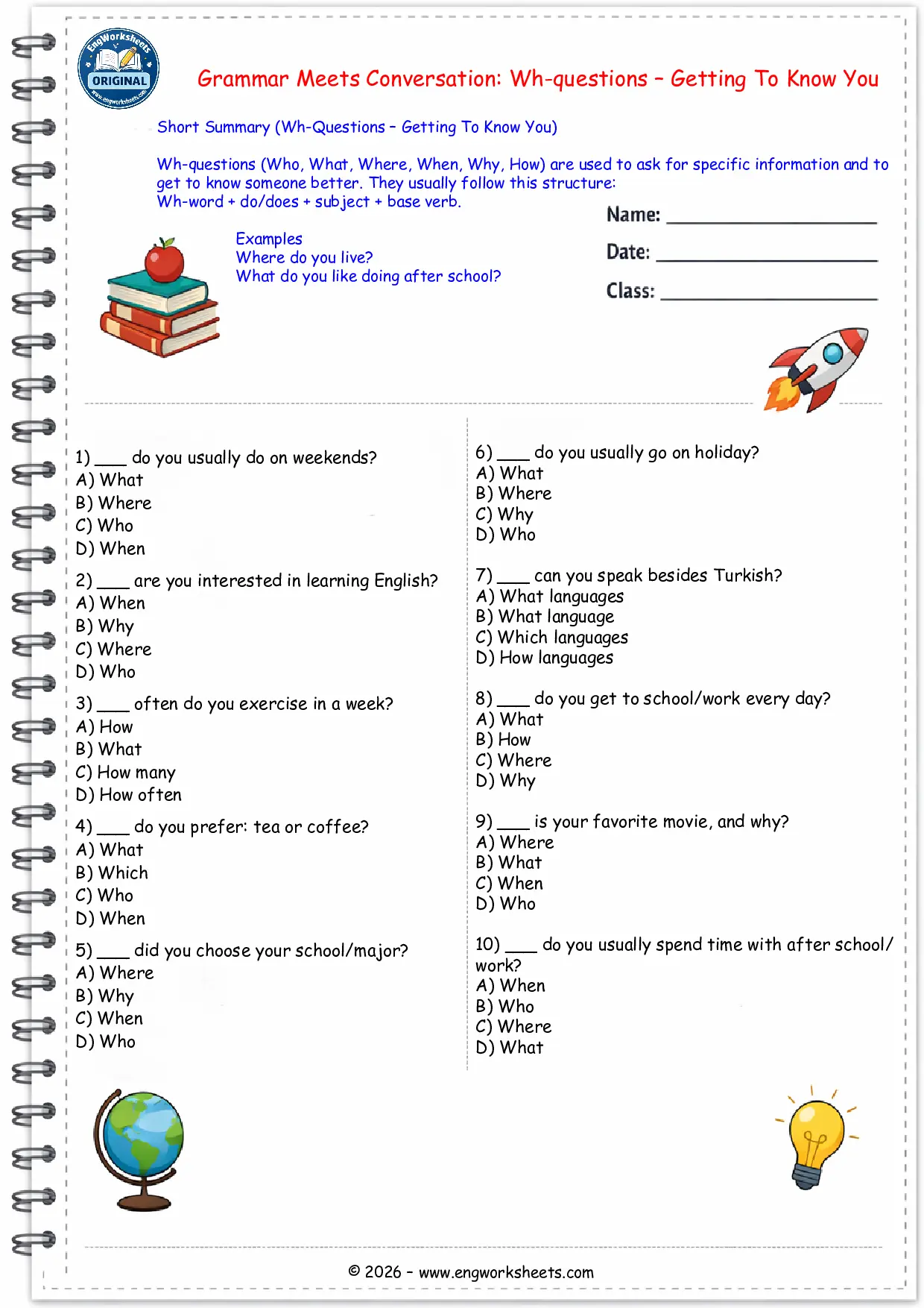 Wh Questions Getting To Know You Worksheet A2 B1 Multiple Choice