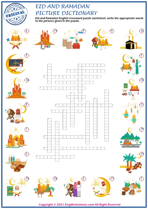 Eid and Ramadan English crossword puzzle worksheet, write the appropriate words to the pictures given in the puzzle. Worksheet Preview