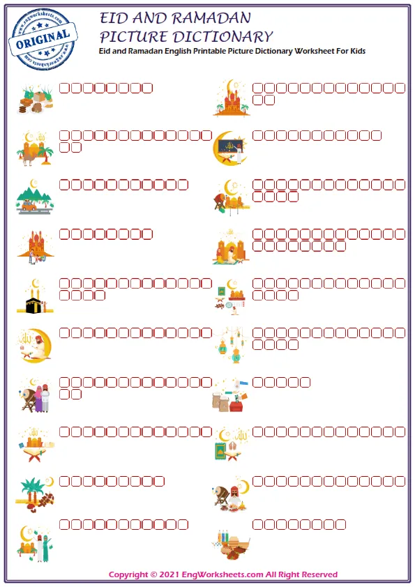 Eid and Ramadan English Printable Picture Dictionary Worksheet For Kids