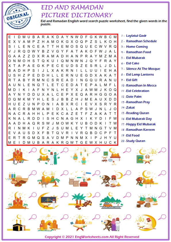 Eid and Ramadan English word search puzzle worksheet, find the given words in the puzzle.