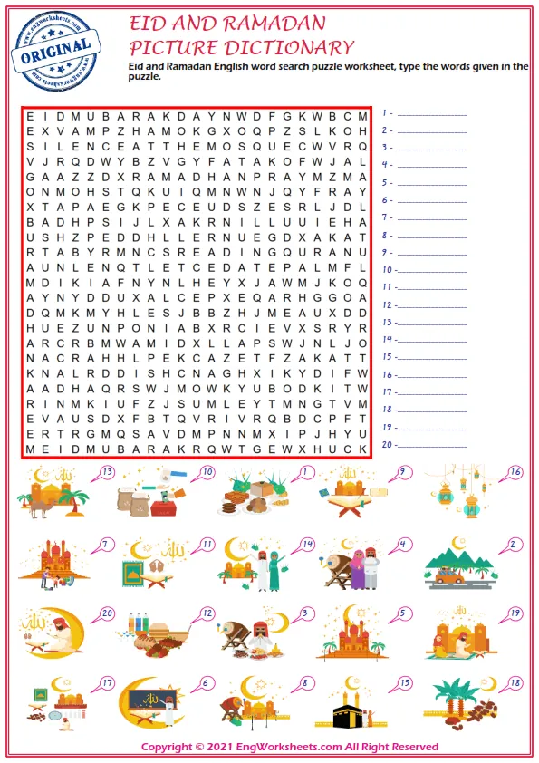 Eid and Ramadan English word search puzzle worksheet, type the words given in the puzzle.