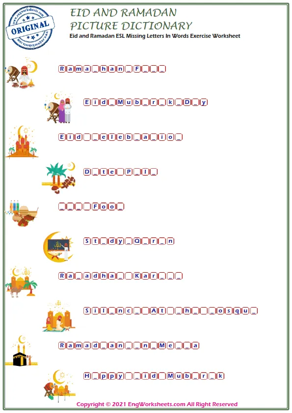 Eid and Ramadan ESL Missing Letters In Words Exercise Worksheet
