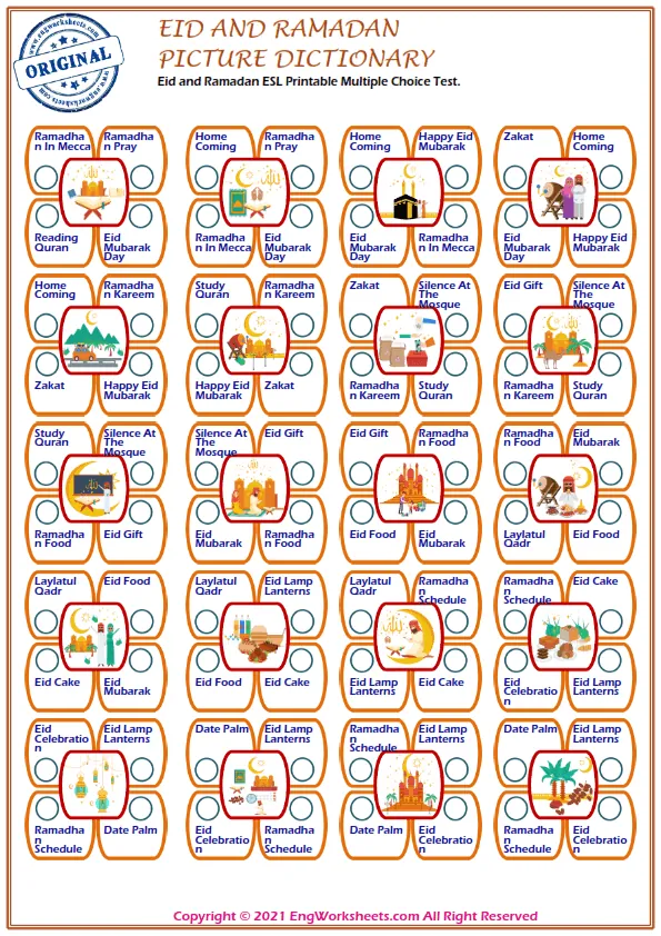 Eid and Ramadan ESL Printable Multiple Choice Test.