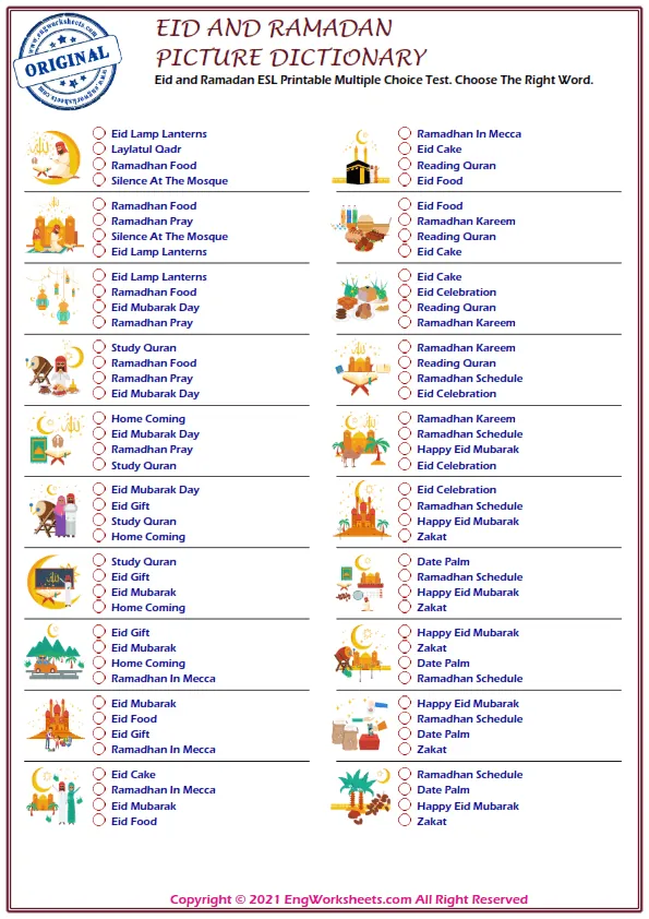 Eid and Ramadan ESL Printable Multiple Choice Test. Choose The Right Word.