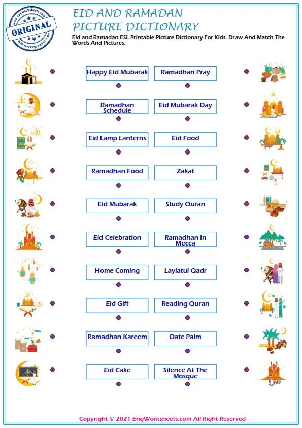 Eid and Ramadan ESL Printable Picture Dictionary For Kids. Draw And Match The Words And Pictures.