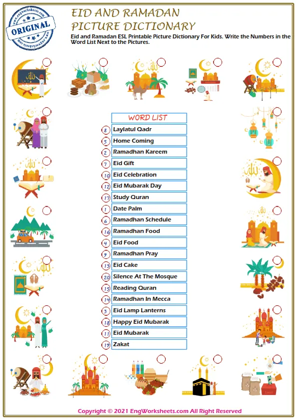 Eid and Ramadan ESL Printable Picture Dictionary For Kids. Write the Numbers in the Word List Next to the Pictures.
