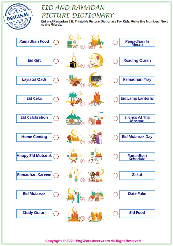 Eid and Ramadan ESL Printable Picture Dictionary For Kids. Write the Numbers Next to the Words. Worksheet Preview
