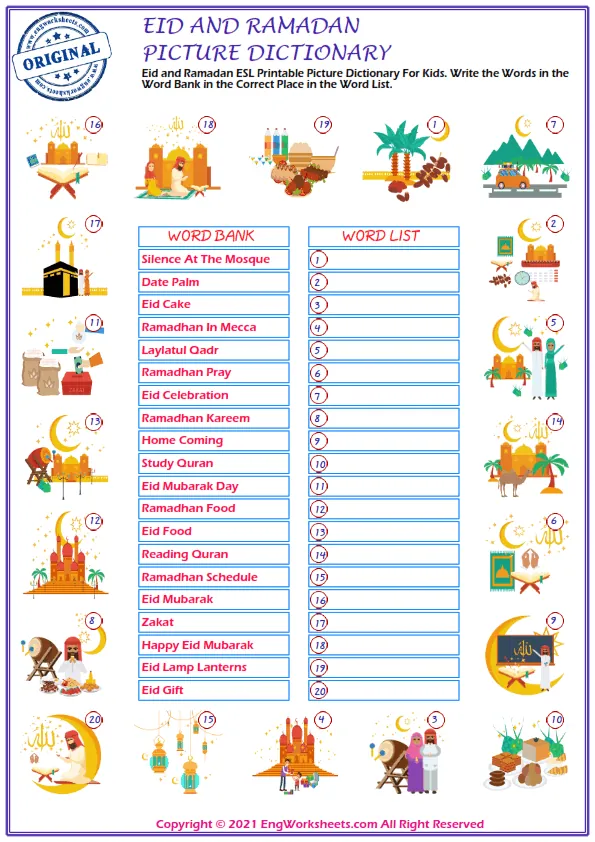 Eid and Ramadan ESL Printable Picture Dictionary For Kids. Write the Words in the Word Bank in the Correct Place in the Word List. Worksheet Preview