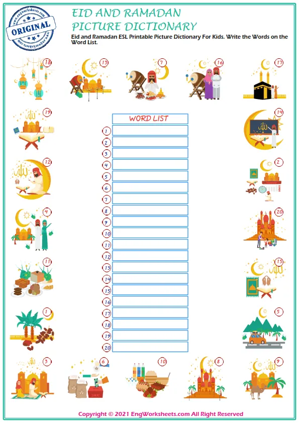 Eid and Ramadan ESL Printable Picture Dictionary For Kids. Write the Words on the Word List.