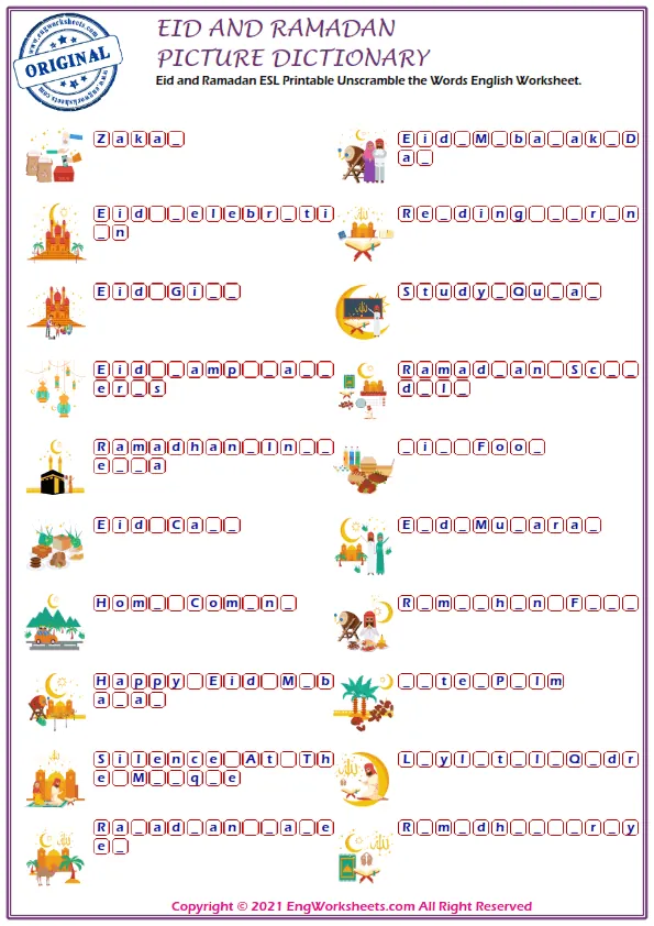 Eid and Ramadan ESL Printable Unscramble the Words English Worksheet.