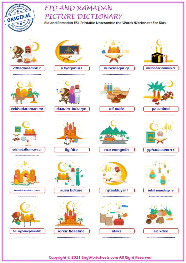Eid and Ramadan ESL Printable Unscramble the Words Worksheet For Kids