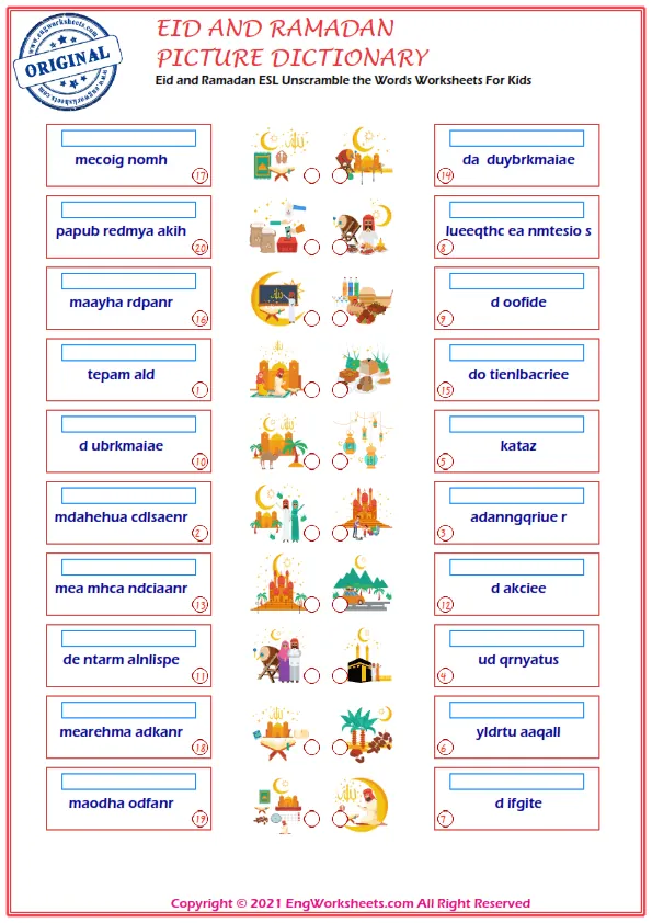 Eid and Ramadan ESL Unscramble the Words Worksheets For Kids