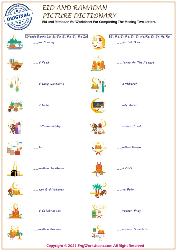 Eid and Ramadan Esl Worksheet For Completing The Missing Two Letters.