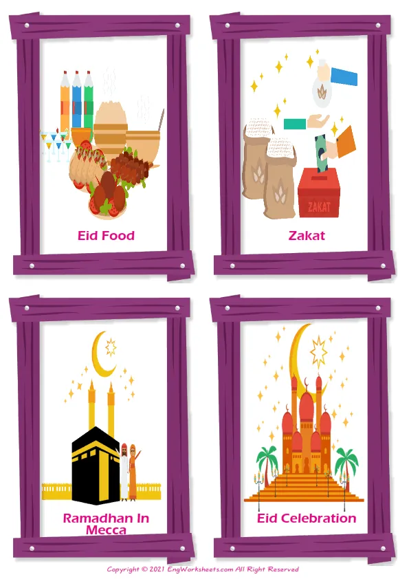 Eid and Ramadan vocabulary worksheet with words, four images per page