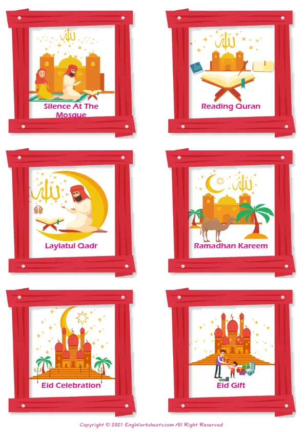 Eid and Ramadan vocabulary worksheet with words, six images per page