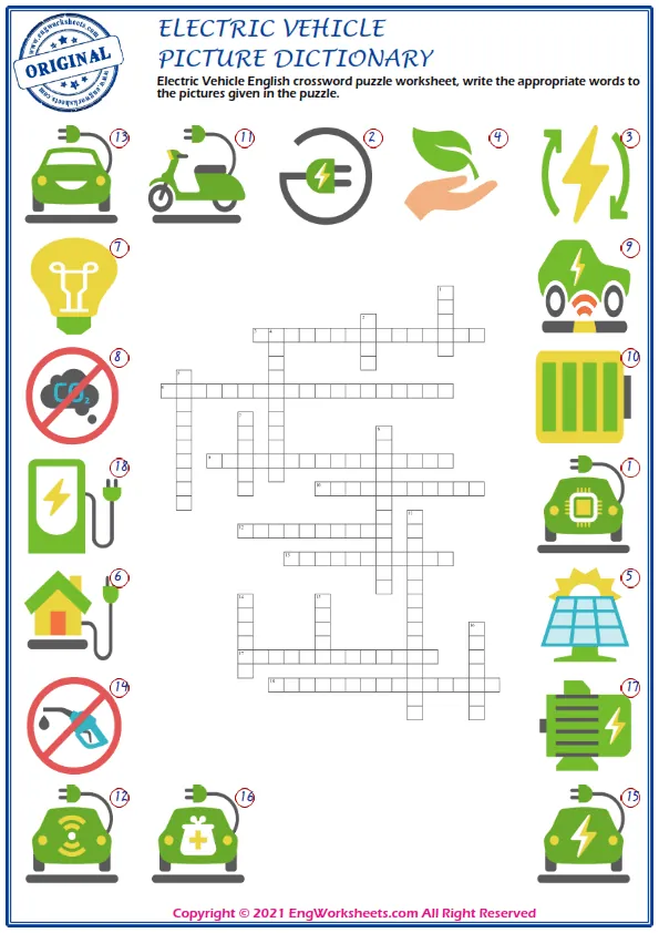 Electric Vehicle English crossword puzzle worksheet, write the appropriate words to the pictures given in the puzzle.