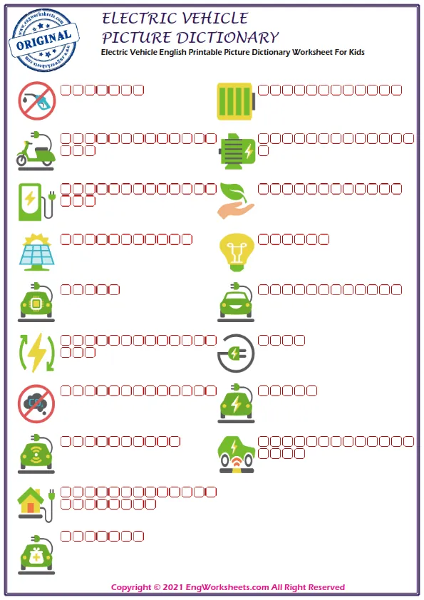 Electric Vehicle English Printable Picture Dictionary Worksheet For Kids Worksheet Preview