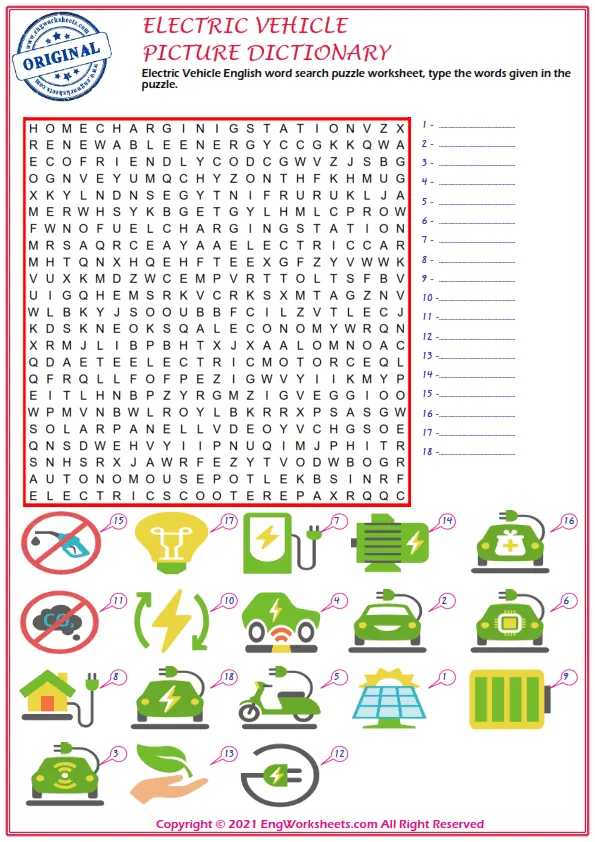 Electric Vehicle English word search puzzle worksheet, type the words given in the puzzle. Worksheet Preview