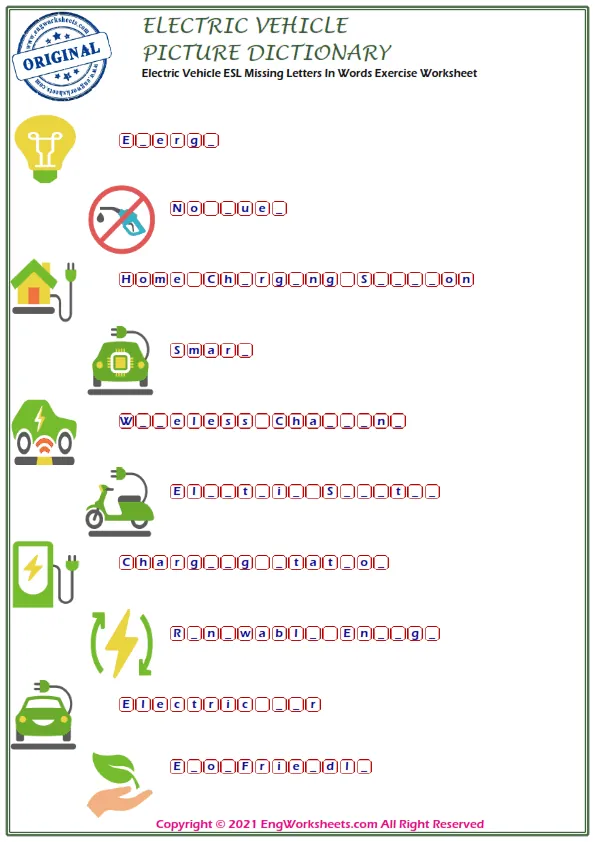 Electric Vehicle ESL Missing Letters In Words Exercise Worksheet Worksheet Preview