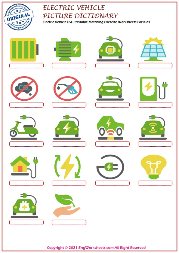 Electric Vehicle ESL Printable Matching Exercise Worksheets For Kids Worksheet Preview