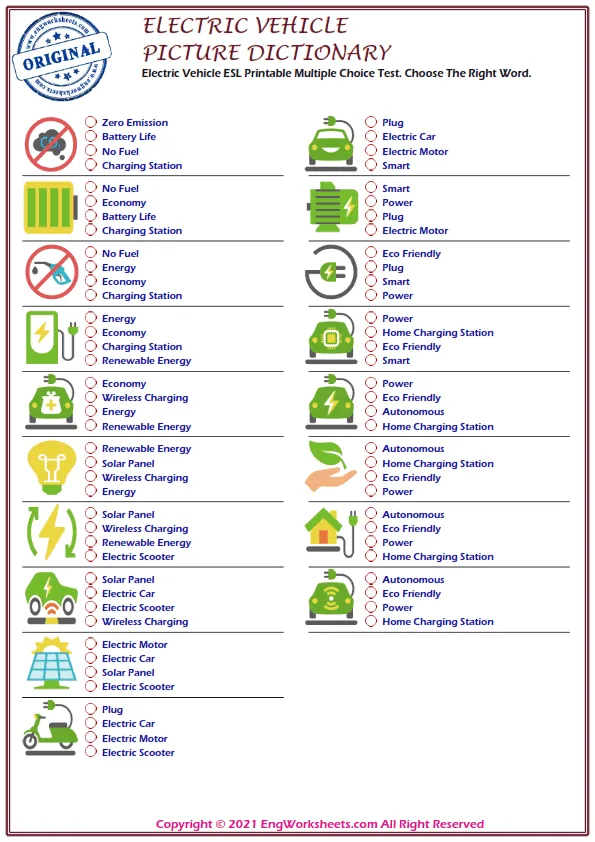 Electric Vehicle ESL Printable Multiple Choice Test. Choose The Right Word. Worksheet Preview