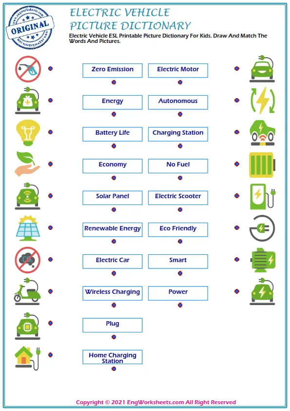 Electric Vehicle ESL Printable Picture Dictionary For Kids. Draw And Match The Words And Pictures. Worksheet Preview