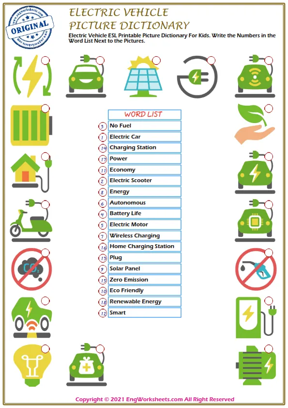 Electric Vehicle ESL Printable Picture Dictionary For Kids. Write the Numbers in the Word List Next to the Pictures. Worksheet Preview