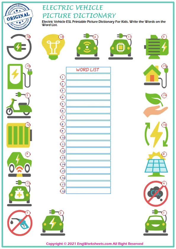 Electric Vehicle ESL Printable Picture Dictionary For Kids. Write the Words on the Word List. Worksheet Preview