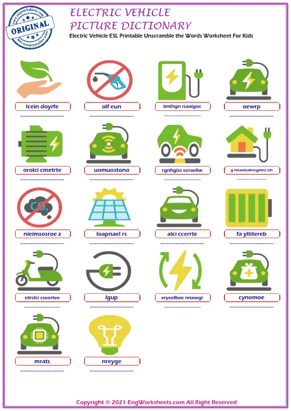 Electric Vehicle ESL Printable Unscramble the Words Worksheet For Kids Worksheet Preview