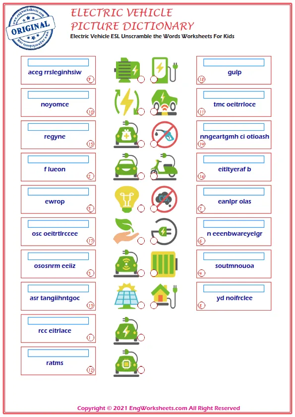 Electric Vehicle ESL Unscramble the Words Worksheets For Kids Worksheet Preview