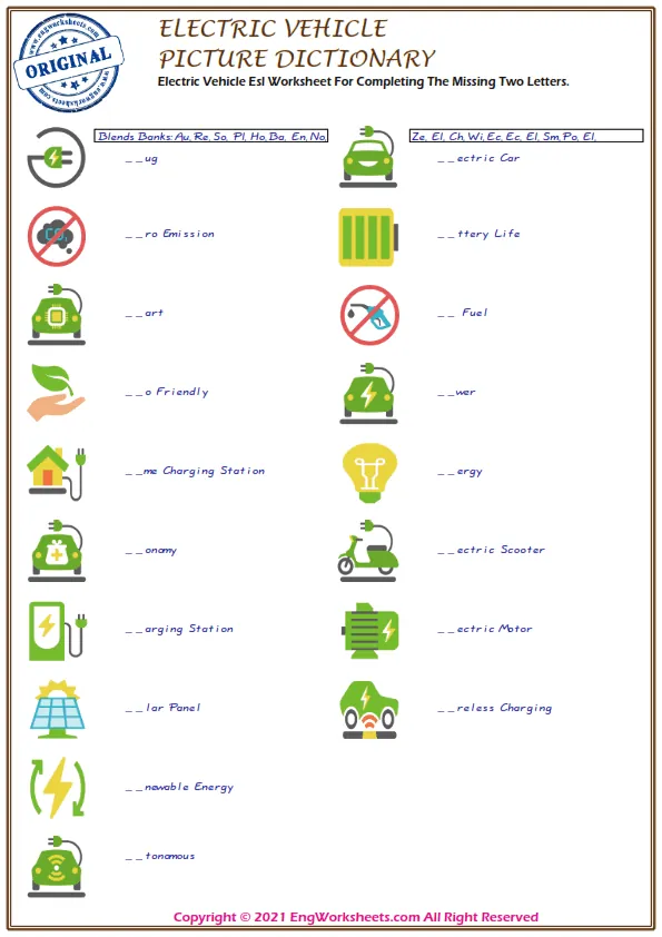Electric Vehicle Esl Worksheet For Completing The Missing Two Letters. Worksheet Preview