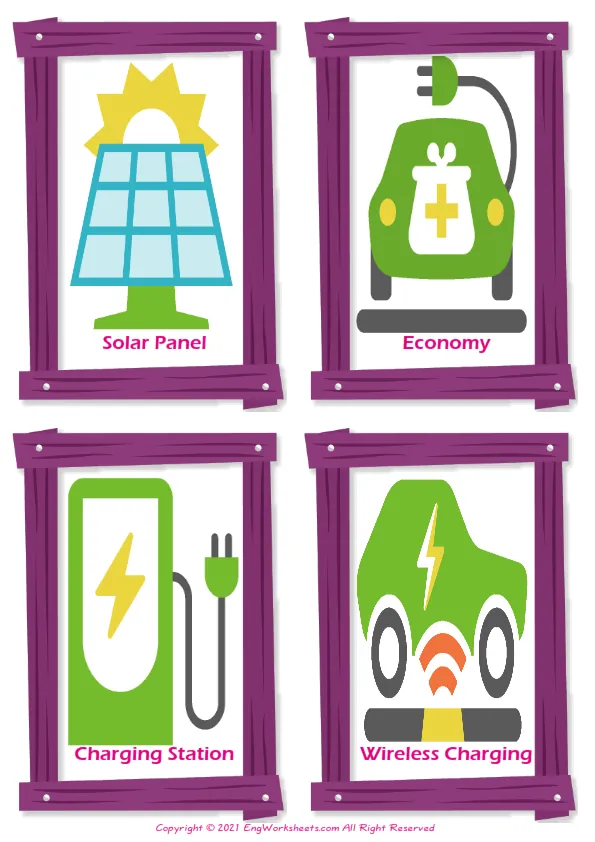 Electric Vehicle vocabulary worksheet with words, four images per page Worksheet Preview