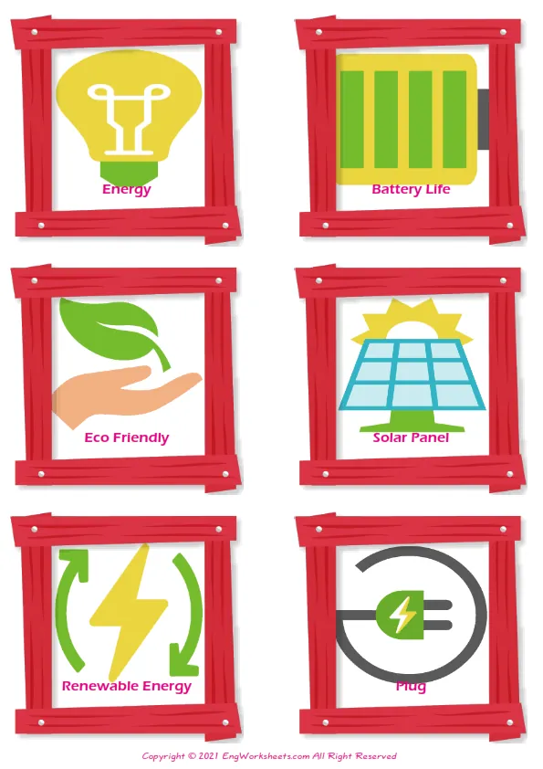 Electric Vehicle vocabulary worksheet with words, six images per page