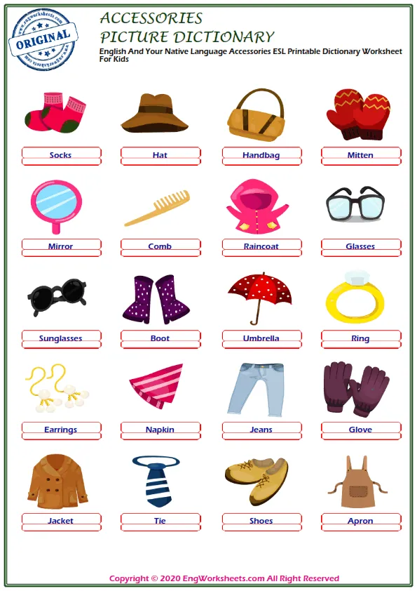 English And Your Native Language Accessories ESL Printable Dictionary Worksheet For Kids